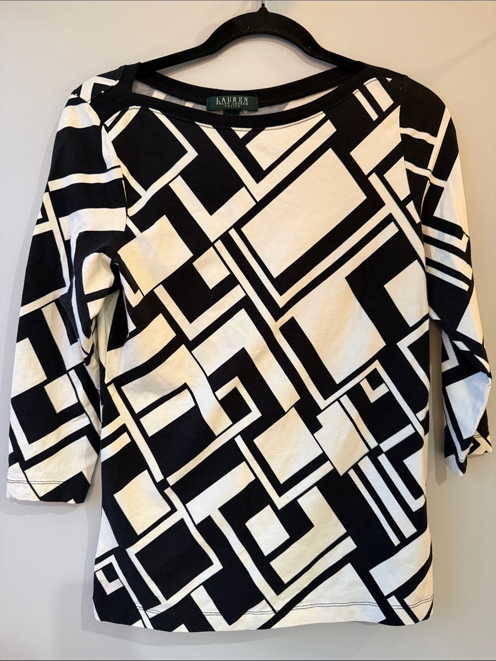 Lauren Ralph Lauren Black and Cream Geometric 3/4 Sleeve Top cotton PL